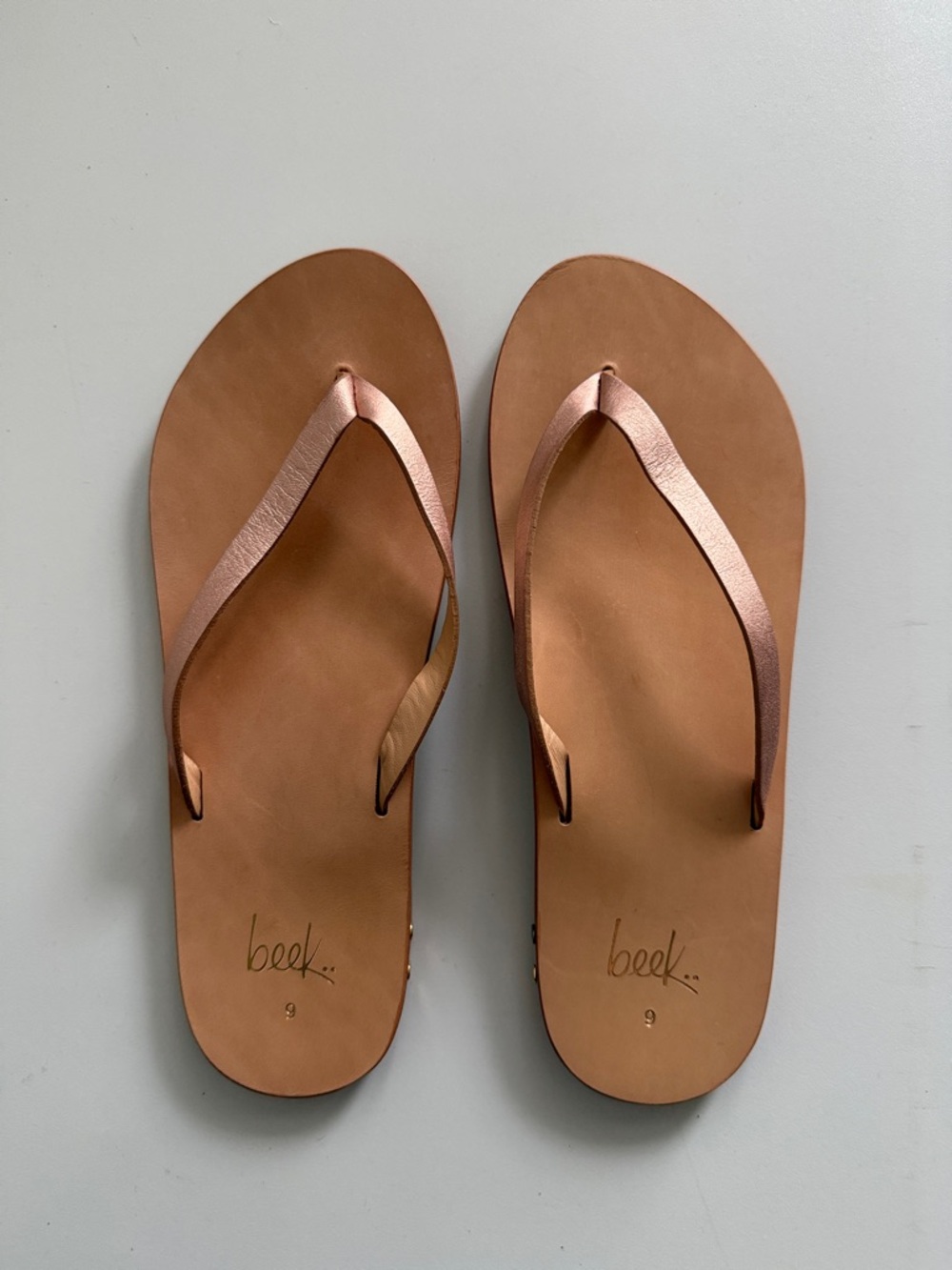 beek Tan Leather Sandals with Rose Gold Straps